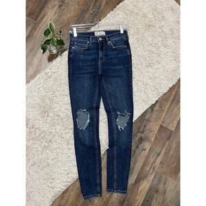 Free People Size 26 Dark Wash Distressed Busted Knee Mid Rise Skinny Jeans